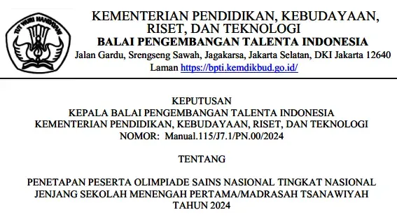 Daftar Nama Siswa Juara OSN SMP Tingkat Provinsi Tahun 2024