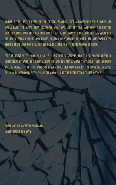 back cover with a broken glass design and blurb on the back