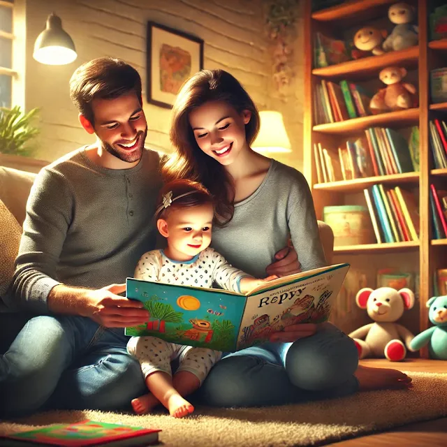 Parents reading to a preschooler to encourage early childhood cognitive development.