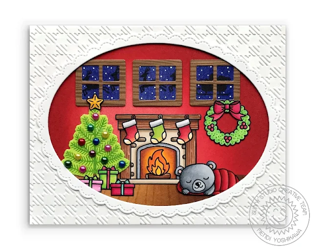Sunny Studio: Christmas Eve Fireplace & Tree Scene Holiday Card (using Santa Claus Lane, Christmas Icons, Here Comes Santa & Critter Campout Stamps & Buffalo Plaid Embossing Folder)
