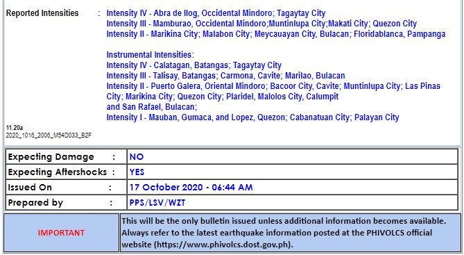 Magnitude 5.4 earthquake October 17, 2020