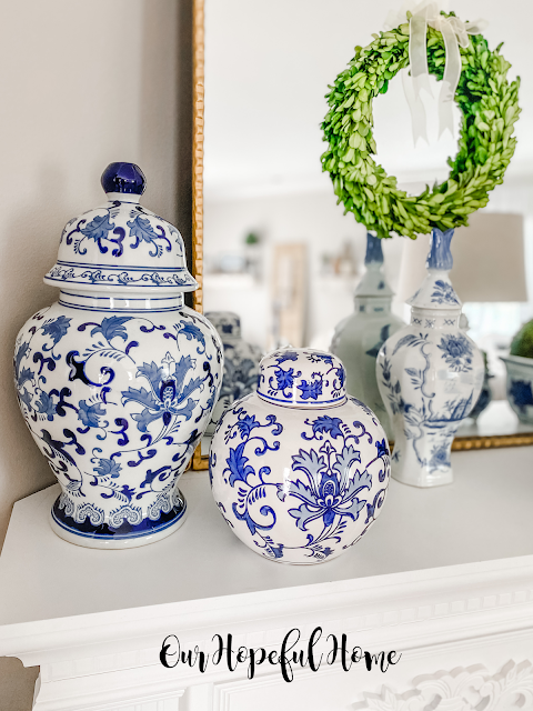 three lidded blue and white chinoiserie ginger jars