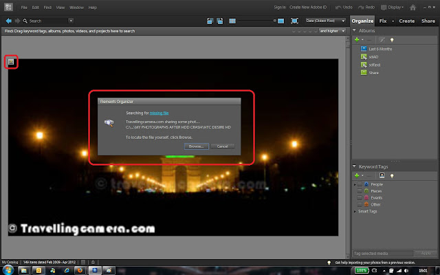  Many times missing files in Catalog become a big trouble and most of the times people don't understand it clearly. This article will try to explain the reason behind Missing Files in Elements Organizer of Adobe Photoshop Elements and how to fix it. Let's Check..Let's first understand about Missing File in Elements Organizer. Just have a look at above image which shows Properties Dialog having path of a file open on left and windows explorer showing all the files except the one which is shown in Organizer Imagewell. This shows that Organizer expect a file to be at a particular location, while it's not there. When it can happen? It happens when we delete the file directly from Windows Explorer or move them to a new location. In this case Organizer doesn't get to know about the change and file is shown as Missing, as it fails to locate it. From above explanation, we understand that following two can be probable reason of a file being missing in Organizer Catalog -1. File is deleted from Hard-Driv2. File is moved from original location to some other locationNothing can be done if file is permanently deleted and there is no other copy of that file on Local or external hard-drive, but if file is moved to some other location then Organizer has a way to reconnect it with new location. Let's see how to reconnect a file in Organizer of Adobe Photoshop Elements1. Double click on missing file and a small dialog will open on top of it, which is basically trying to locate the file on your connected drives. If you already know the new location of file just click on 'Browse' button in this dialog or keep it working in it's own way2. When we click on 'Browse', following dialog is shown. This dialog lists missing files on left with appropriate information about the files. Specially old path of the file in bottom3. On right part you have to go to the new location and select the file on right. When appropriate file is selected on Right, click on 'Reconnect'. It will reconnect your missing file with file at new location and you will be able to use this file in organizer4. If there are musltiple missing files in your catalog recommended way is to go to File Menu and reconnect all missing files as shown in image below. It will automatically reconnect files from different locations on your hard-drive. Please note that automatic reconnect works only if file is not renamed after moving to location. Name is primary parameter to search for file on your hard-disks.Hope that information shared is useful and please feel free to ask specific questions here.