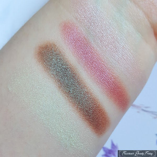 close up swatches on arm of No7 Petal Eye Palette