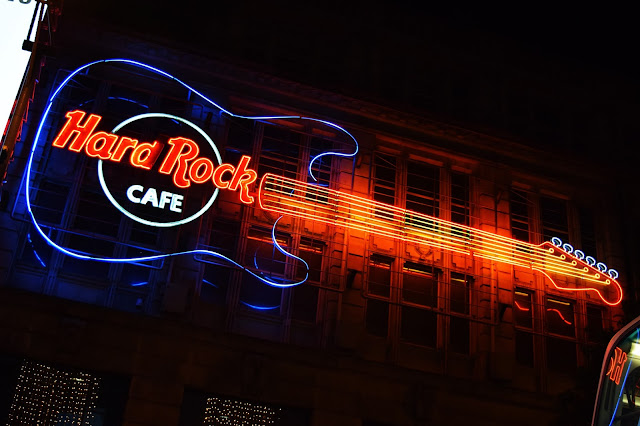the huge neon sign outside the Hard Rock Cafe Manchester