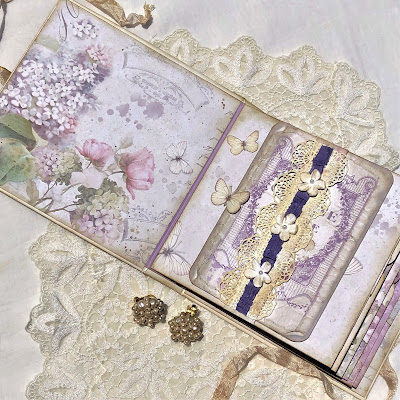 Sara Emily Barker https://sarascloset1.blogspot.com/2019/05/mini-album-tour-featuring-stamperia.html Stamperia Lilac Flowers Tim Holtz Entomology Lace Baseboard Frames Mini Album Tour 5