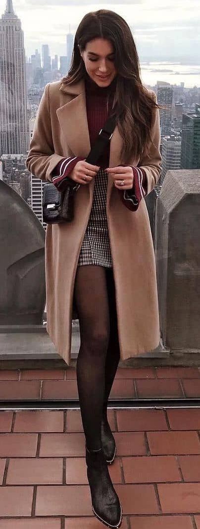 fashionable winter outfit / brown coat + skirt + sweater + bag + boots