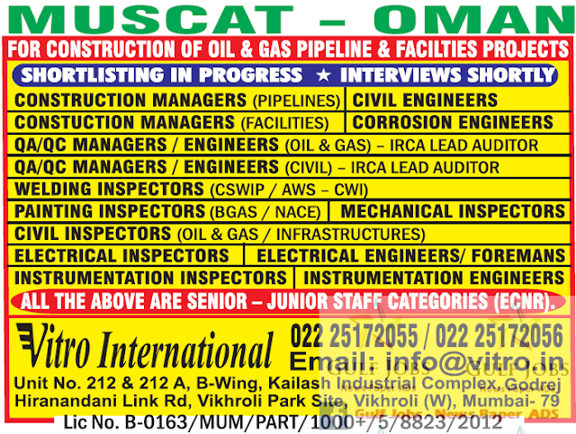 Oil & Gas Pipe line project Jobs for Muscat Oman