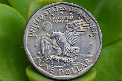The reverse side of the 1979-P Susan B. Anthony Dollar shows an eagle with its wings spread and its talons touching the moon, which symbolizes the Apollo 11 mission.