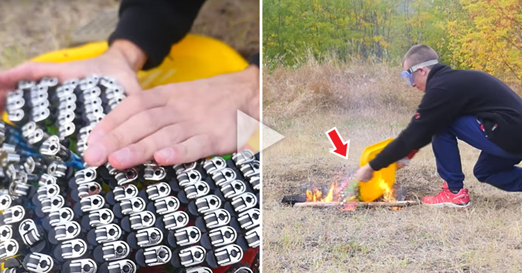 Man throws 500 Lighters in a pit of Fire