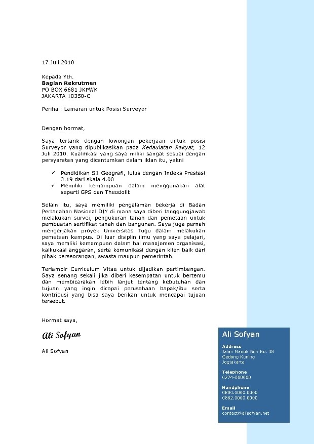 Contoh Surat Lamaran Kerja Surveyor - ben jobs