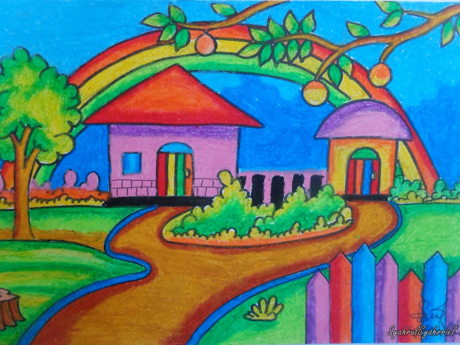 Image Result For Mewarnai Pemandangan Rumah Dengan Crayon