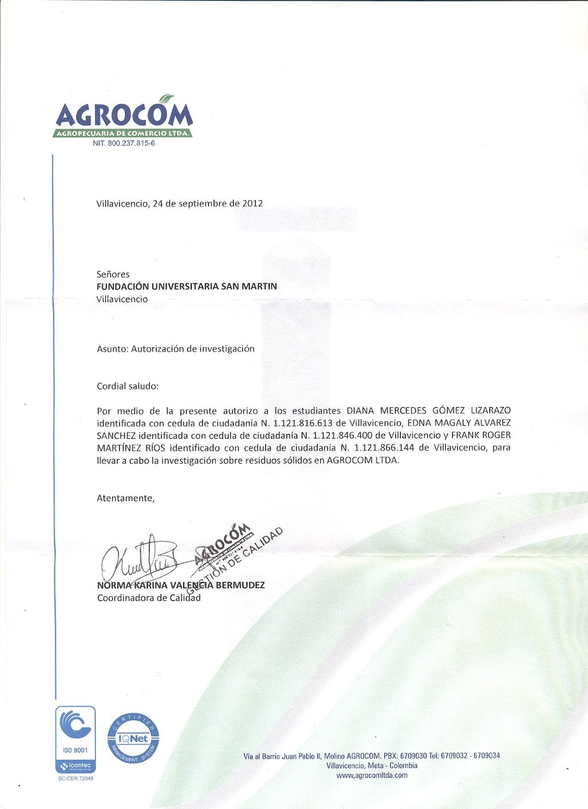 Residuos Sólidos: Carta autorizacion de investigacion