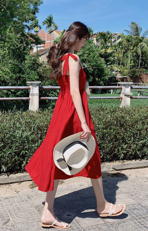 Self-Tie Shoulder Strap Long Dress