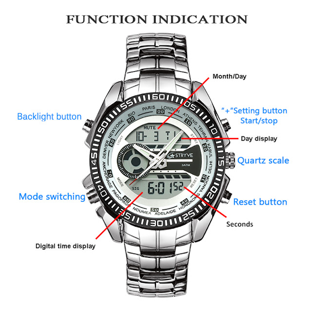 STRYVE S8016 Stainless Steel Calendar Stopwatch Chrono Alarm LED Dual Display Digital Watch 