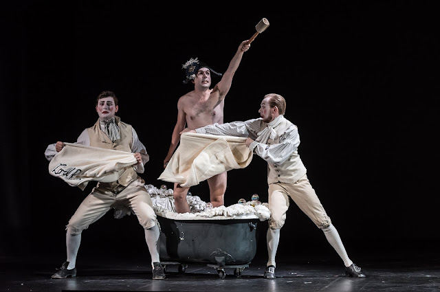 English Eccentrics – British Youth Opera at the Peacock Theatre. Kieran Rayner (Lord Rokeby) with William Thomas and Steven Swindells. Photo: Clive Barda/ArenaPAL