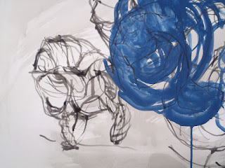 Broken shell in ink and blue pigment on paper
