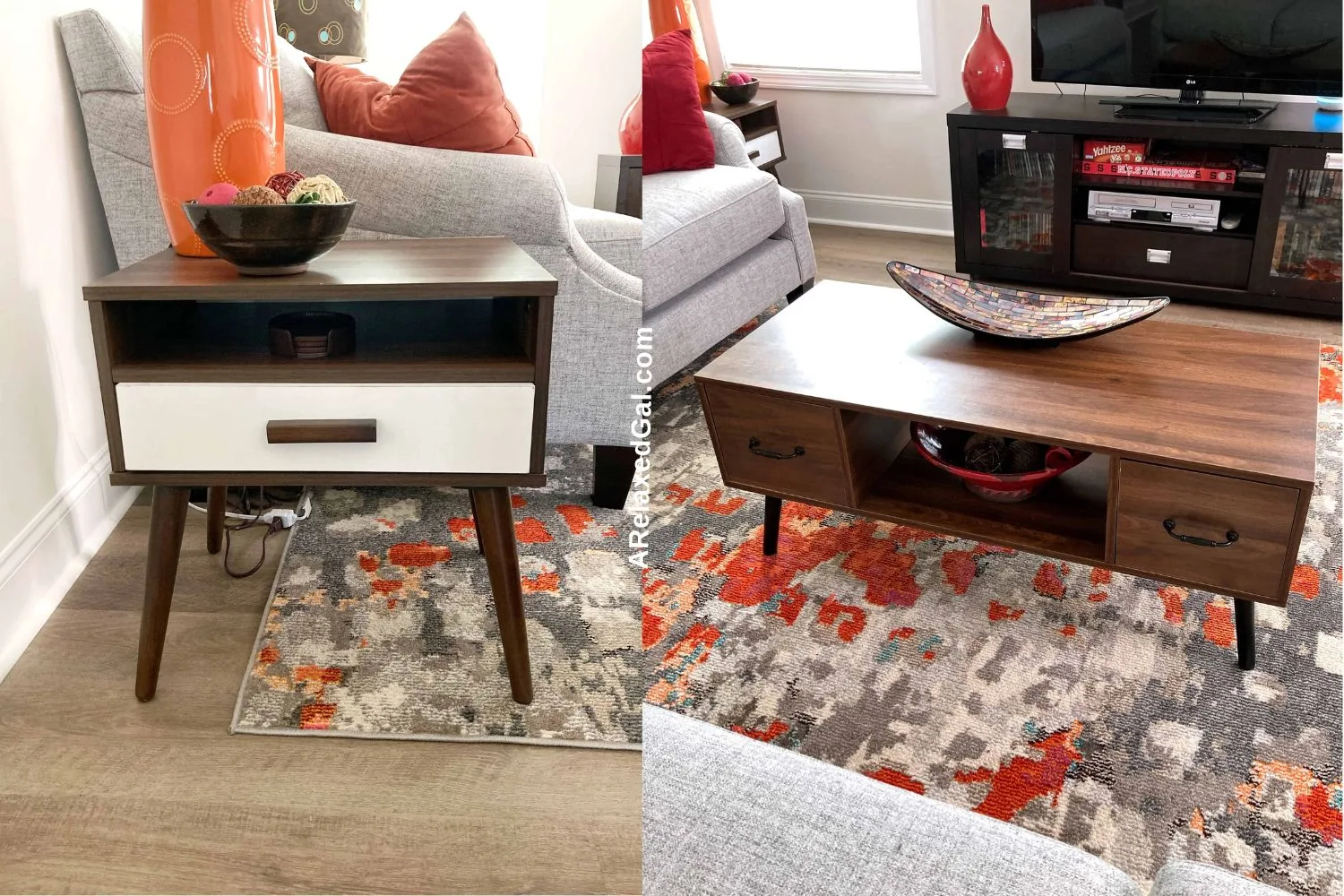 two walnut brown mid-century style living room tables.