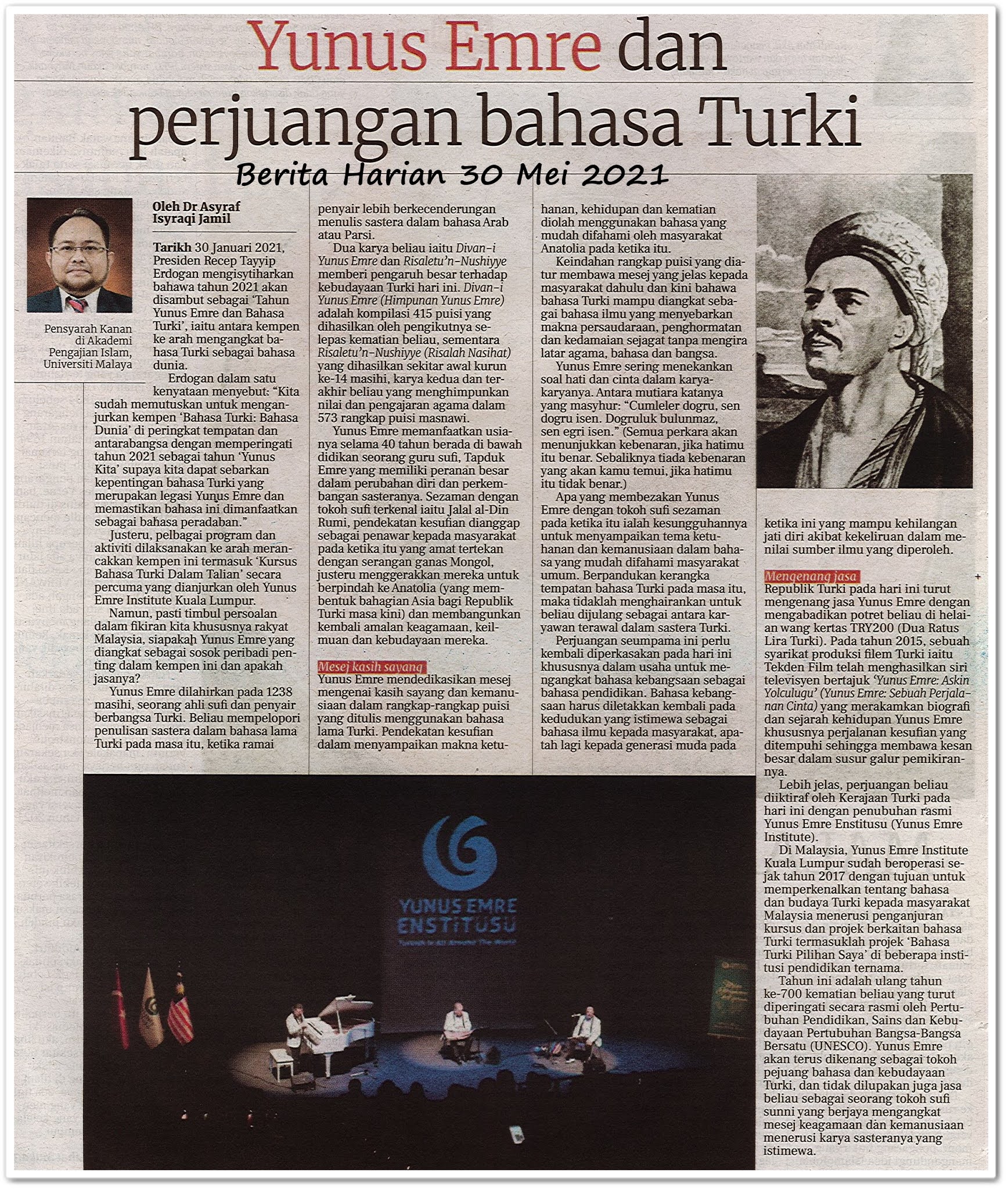 Yunus Emre dan perjuangan bahasa Turki - Keratan akhbar Berita 30 Mei 2021