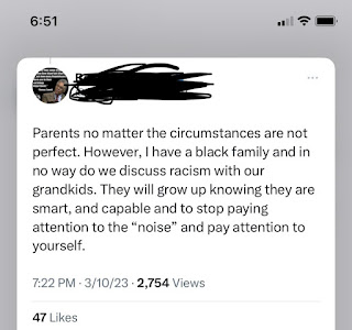 Twitter post that says "Parents no matter the circumstances are not perfect. However, I have a black family and in no way do we discuss racism with our grandkids. They will grow up knowing they are smart, capable and to stop paying attention to the 'noise' and pay attention to yourself."