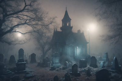 A graveyard with a mausoleum