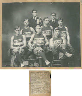 A black and white group photograph for a basketball team, accompanied by a newspaper clipping.