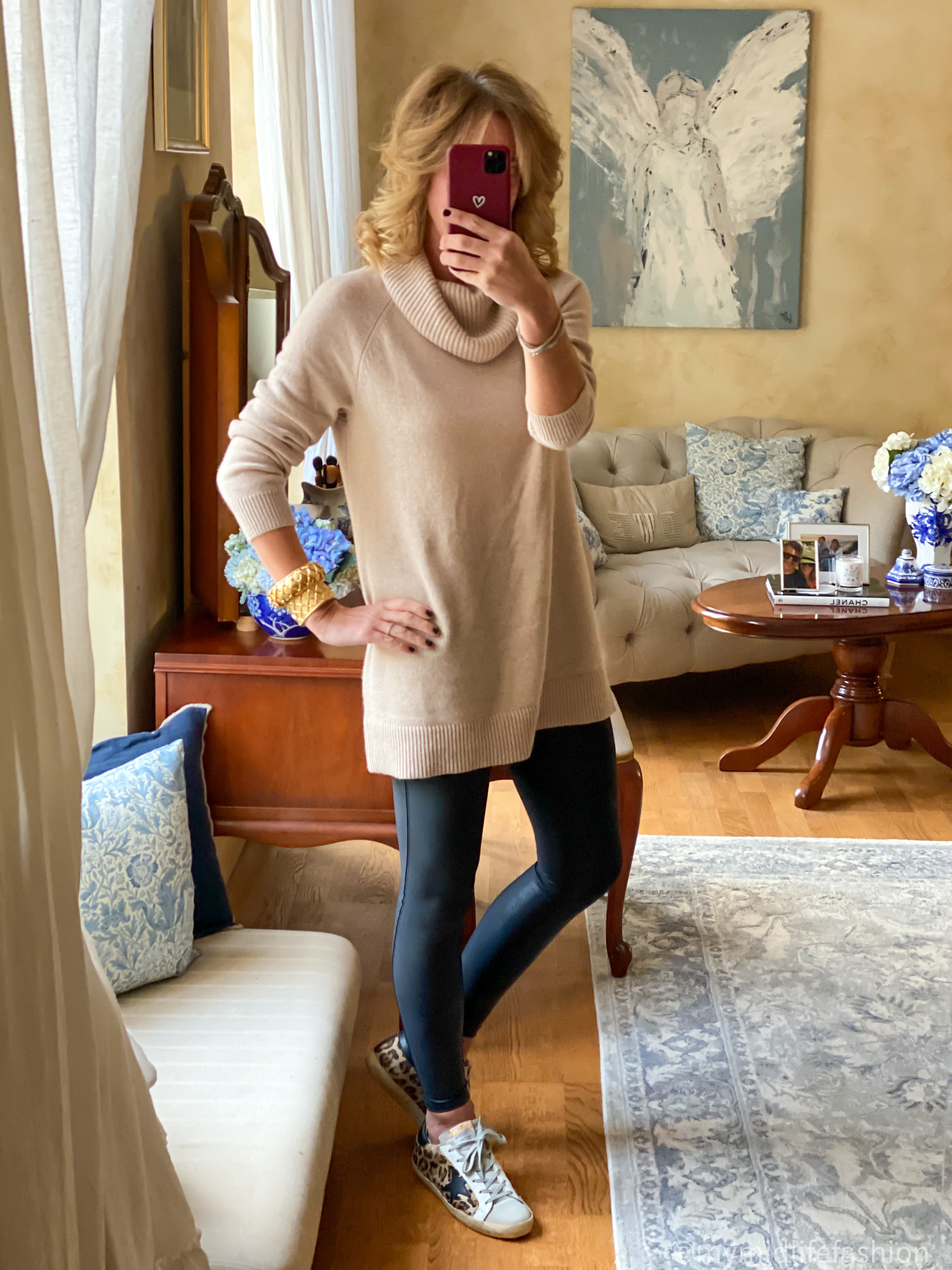 my midlife fashion, lands end women's cashmere long sleeve cowl neck tunic jumper, spanx faux leather leggings, golden goose superstar leopard print trainers