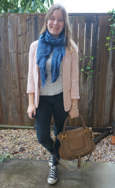blush blazer and windowpane scarf with black skinny jeans converse and chloe marcie bag | awayfromtheblue