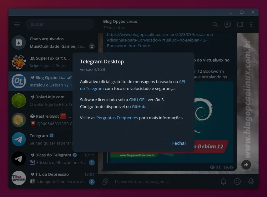 Telegram executando no Ubuntu 23.10 (Mantic Minotaur)