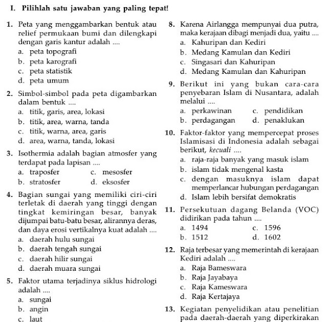 Soal UKK PAT IPS Kelas 7 Kurikulum 2013 & Kunci Jawaban