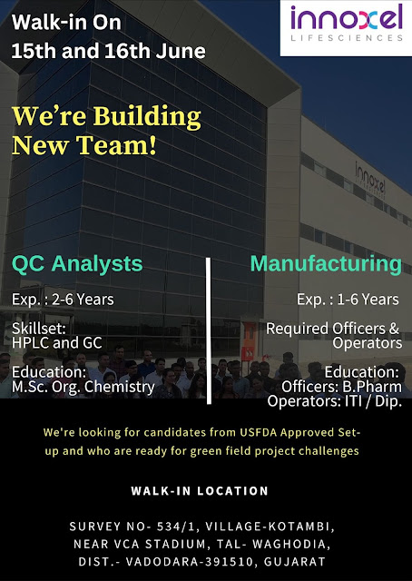 Innoxel Lifesciences Walk In Interview For QC and Manufacturing Dept