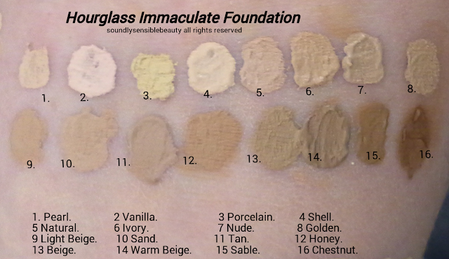 Hourglass Immaculate Liquid-Powder Foundation Swatches of Shades; Pearl, Vanilla, Porcelain, Shell, Natural, Ivory, Nude, Golden, Light Beige, Sand, Tan, Honey, Beige, Warm Beige, Sable, Chestnut
