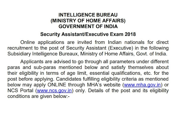 Intelligence Bureau (IB) Security Assistant Notification 2018