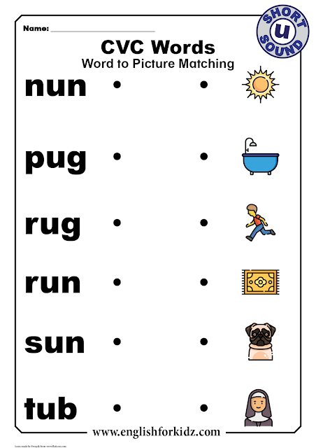 CVC words with pictures - printable worksheets for kindergarten and elementary school