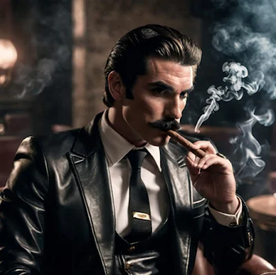 Mario of the brothers sitting smoking a cigar with an intense look on his face wearing a black leather blazer at a bar from the waist up