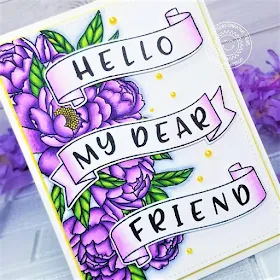 Sunny Studio Stamps: Phoebe Alphabet Banner Basics Frilly Frame Dies Pink Peonies Everyday Card by Ana Anderson