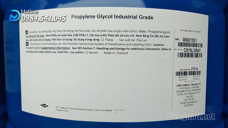 Propylene Glycol Industrial Grade (PGI) tiêu chuẩn công nghiệp