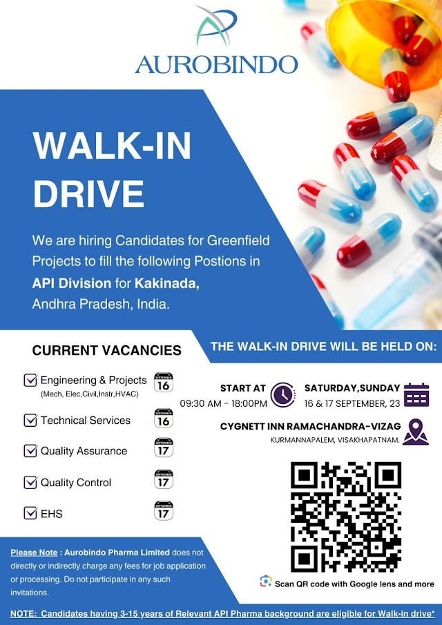 Aurobindo Pharma | Walk-in interview at Visakhapatnam on 16th & 17th Sep 2023