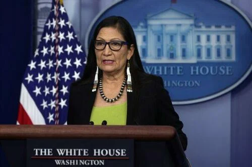 Secretary of the Interior Deb Haaland speaks during a daily press briefing at the James Brady Press Briefing Room of the White House in Washington on April 23, 2021.