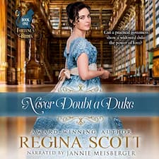 Never Doubt a Duke audiobook cover. A brunette woman in an elegant blue gown glances back over her shoulder, and behind her is a grand library. A teal silhouette of a cat in the top left corner marks this book out as the first in the Fortune's Brides series.