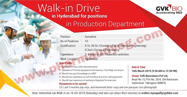 GVK bio | Walk-in interview for Production | 16th March 2019 | Hyderabad