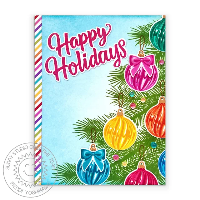 Sunny Studio Glass Ornaments Hanging on Christmas Tree (using Bells & Baubles, Holiday Style & Holiday Greetings Stamps, and Rainbow Bright Paper)