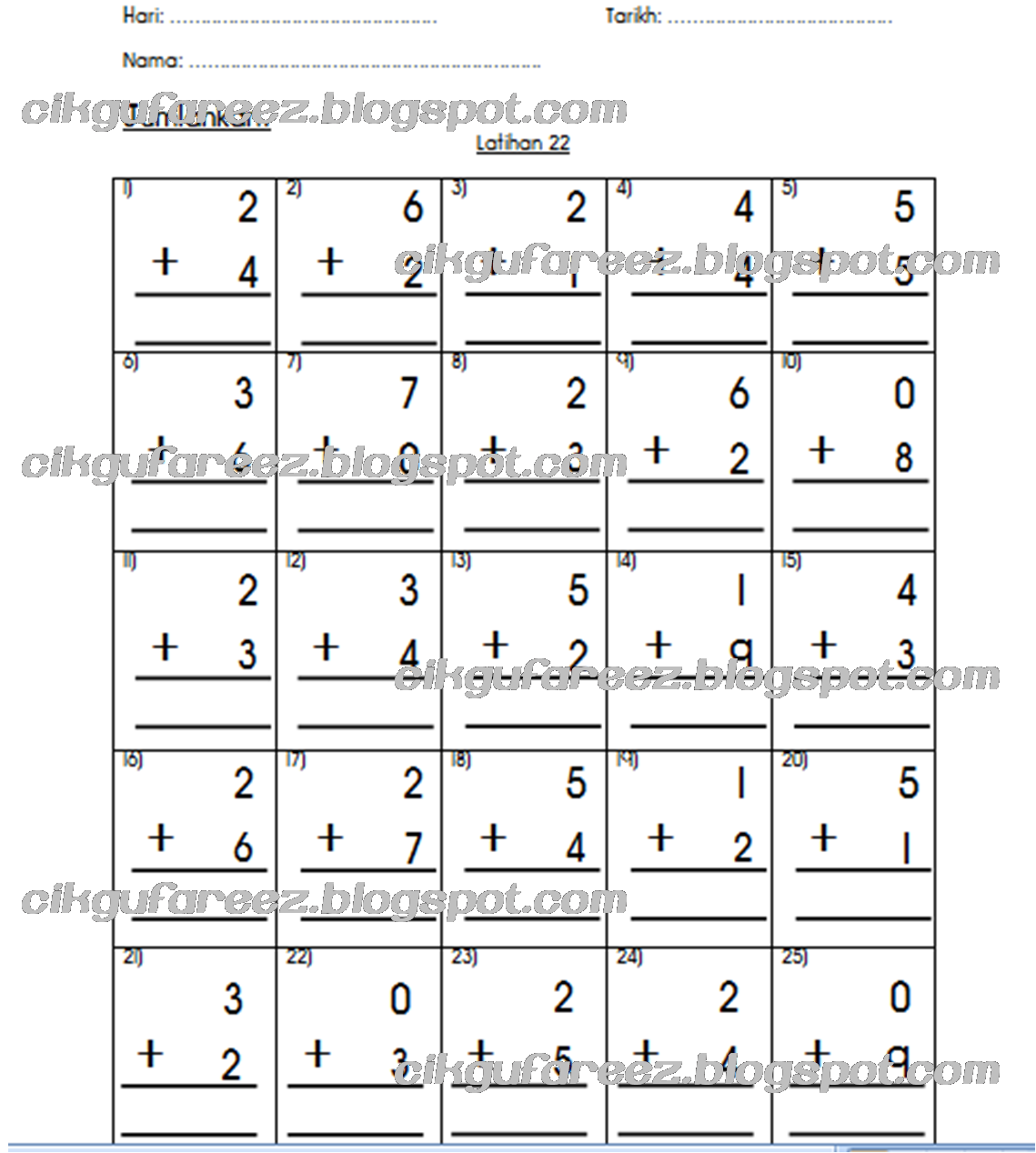 Dunia Sekolah: e-book Soalan Matematik Tambah Tolak Darab 