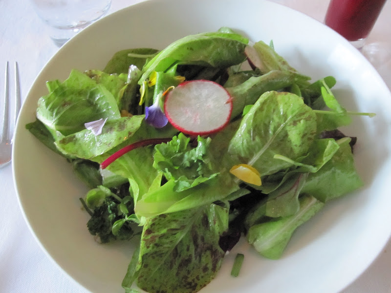 nicki's first course was a mixed greens salad with radishes and flower petals drizzled with a simple vinaigrette. it was very light with mild flavors. the flower petals were a pretty touch.