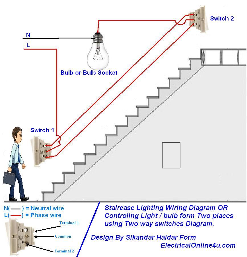 How to Control a Lamp / Light Bulb from Two places Using Two Way switches For Staircase Lighting ...