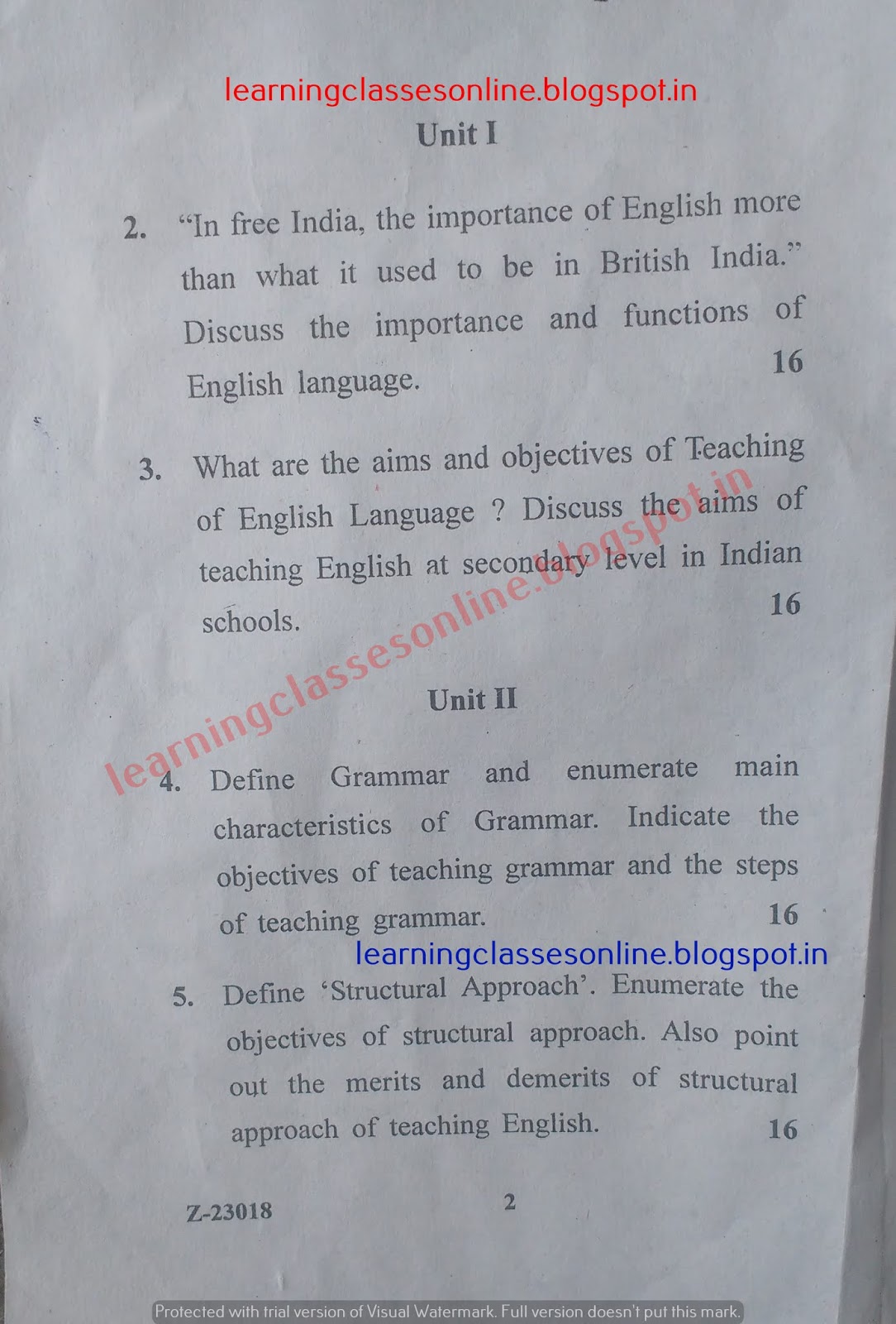 pedagogy of English Question Paper