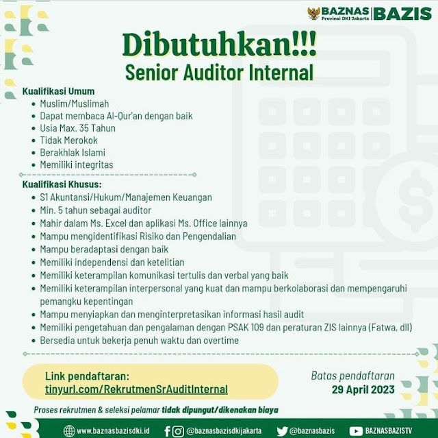 Lowongan Kerja Baznas Basis Jakarta Senior Auditor Internal 2023