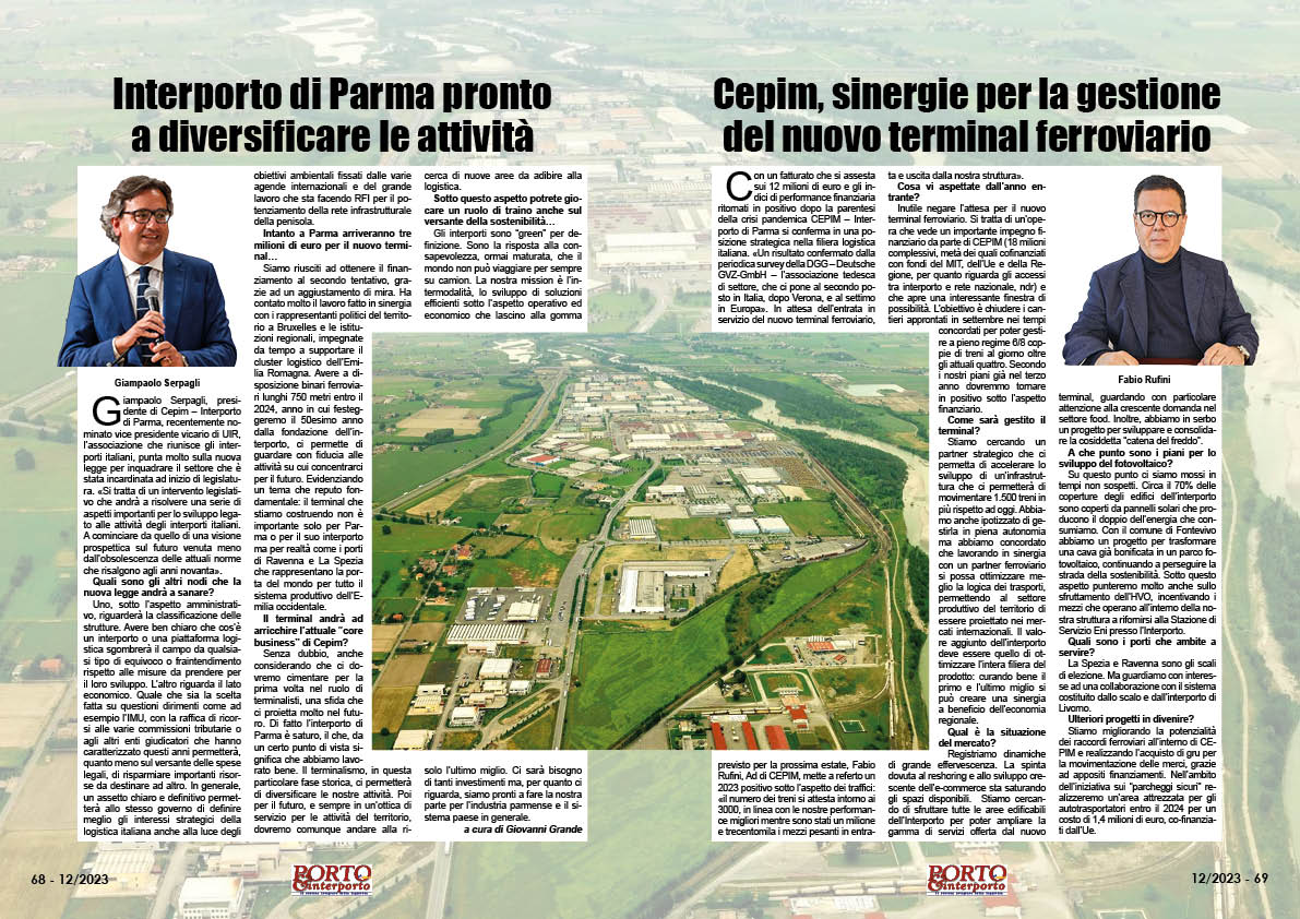 DICEMBRE 2023 PAG. 68 - Interporto di Parma pronto a diversificare le attività