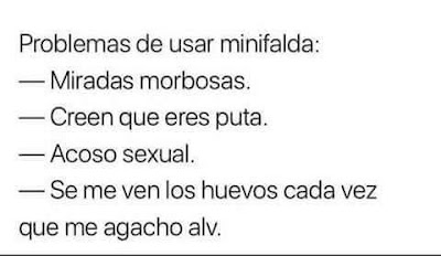 Problemas de usar minifalda:  Miradas morbosas.  Creen que eres puta.  Acoso sexual.  Se me ven los huevos cada vez que me agacho.