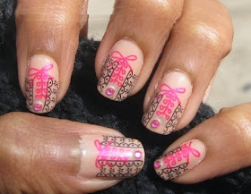 Pink and Black with pink pearl nail art design!